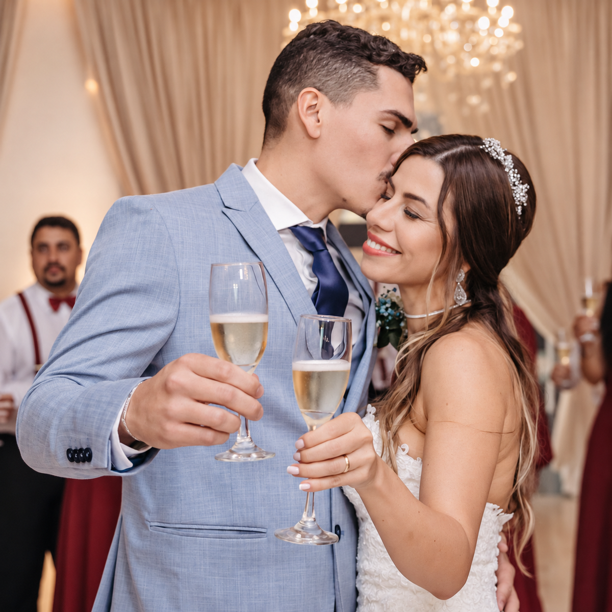 Newlyweds celebrating their wedding with a champagne toast while the groom kisses the bride on the cheek at their wedding reception.