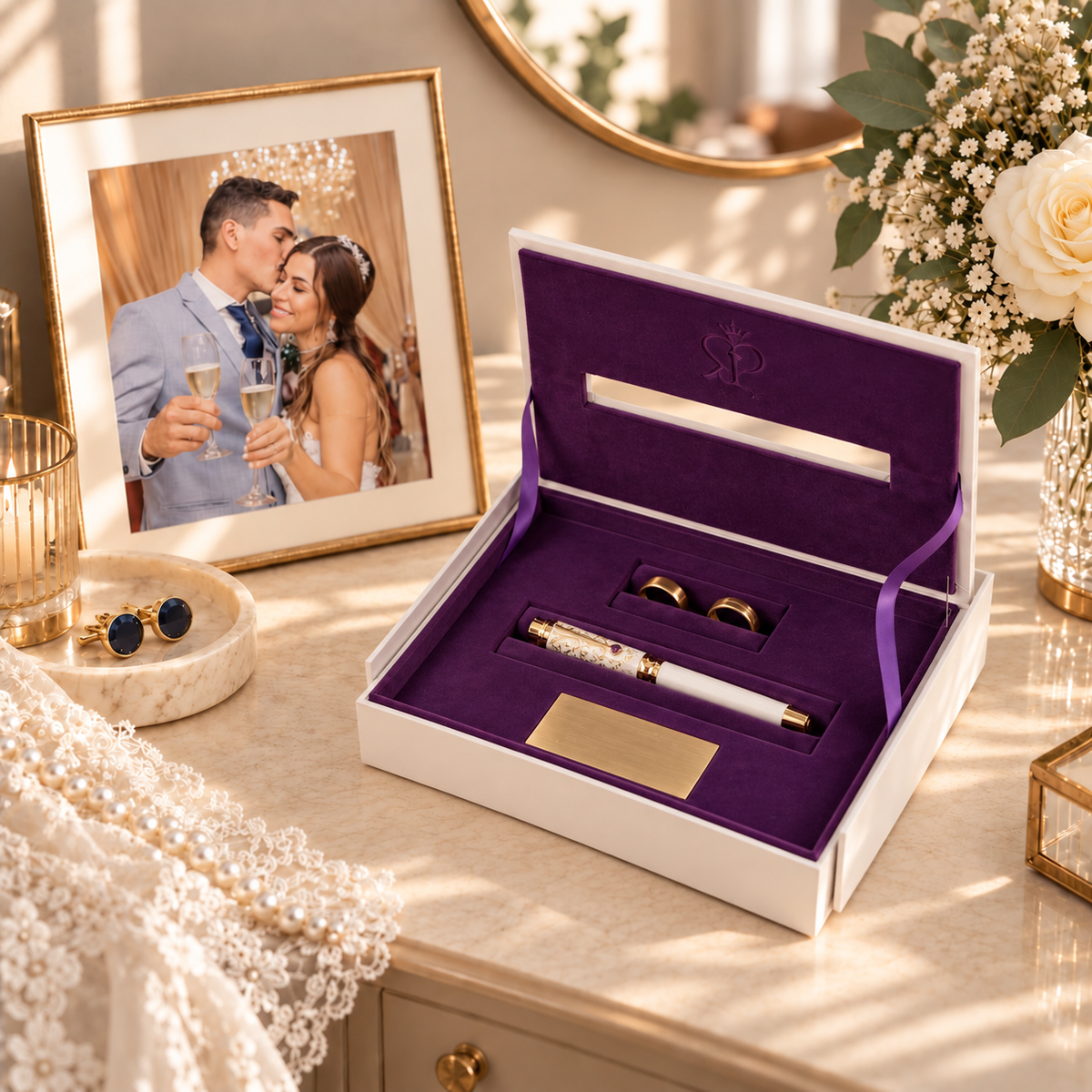 Wedding Pen displayed in its Memory Box beside a framed wedding photo.