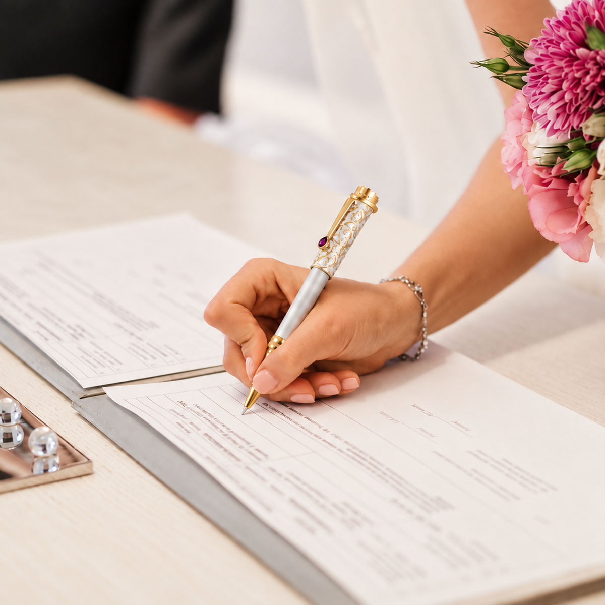 A close up of a bride signing her wedding documents with the Wedding Pen Legacy Edition.