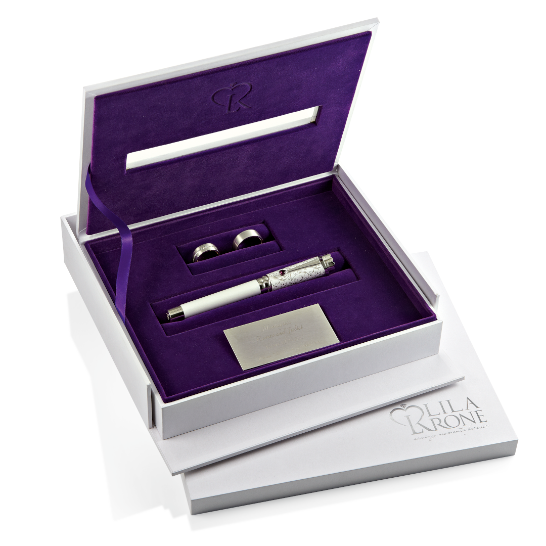 Wedding Pen Prestige Edition in the open Memory Box with rings and engraved plaque.