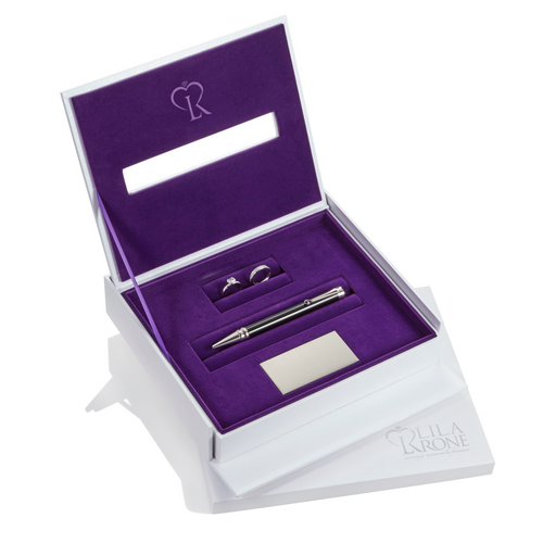 Load image 1 in gallery view. Black Wedding Pen Timeless Edition in the open Memory Box with rings and engraved plaque.