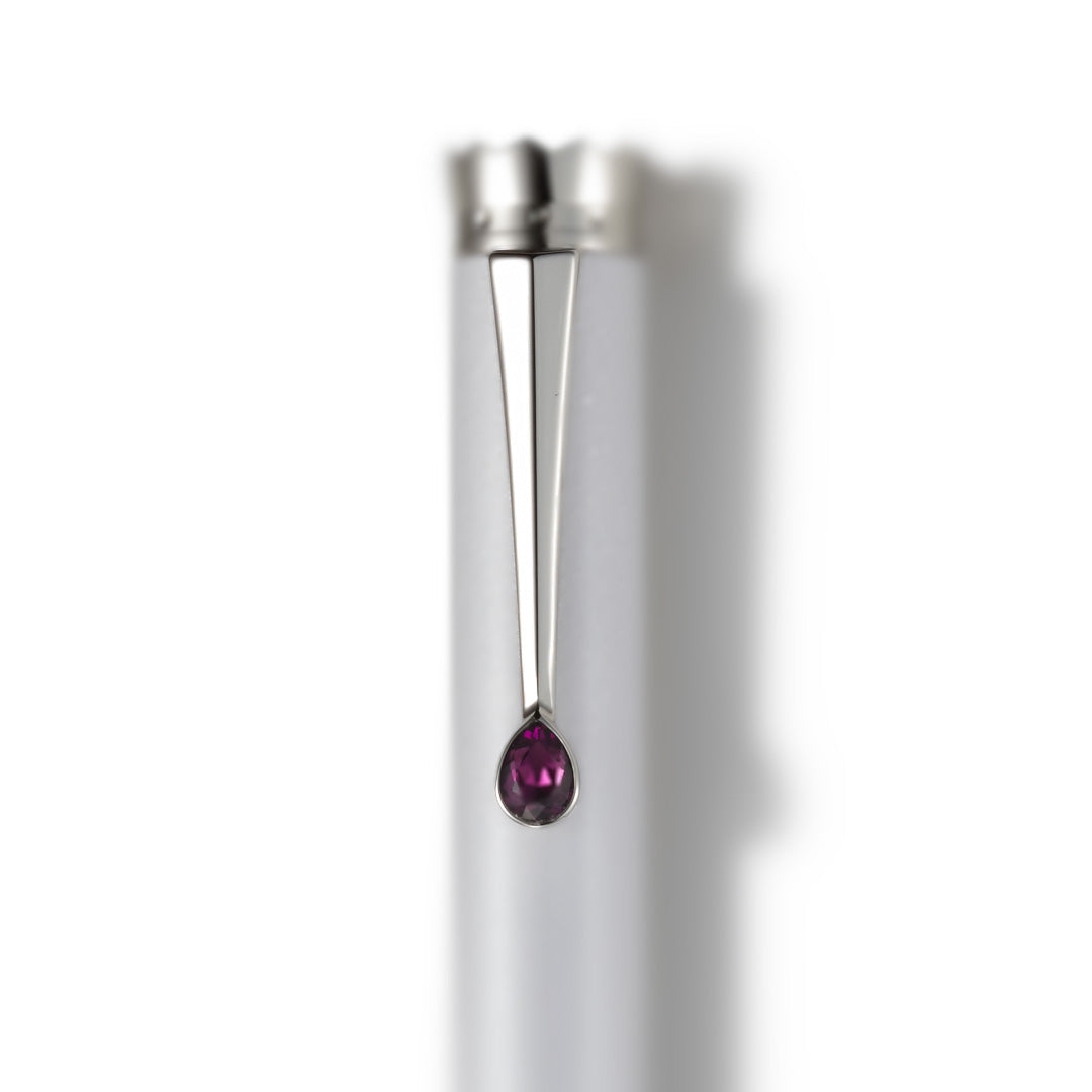 Purple teardrop crystal detail on the white Wedding Pen Timeless Edition.
